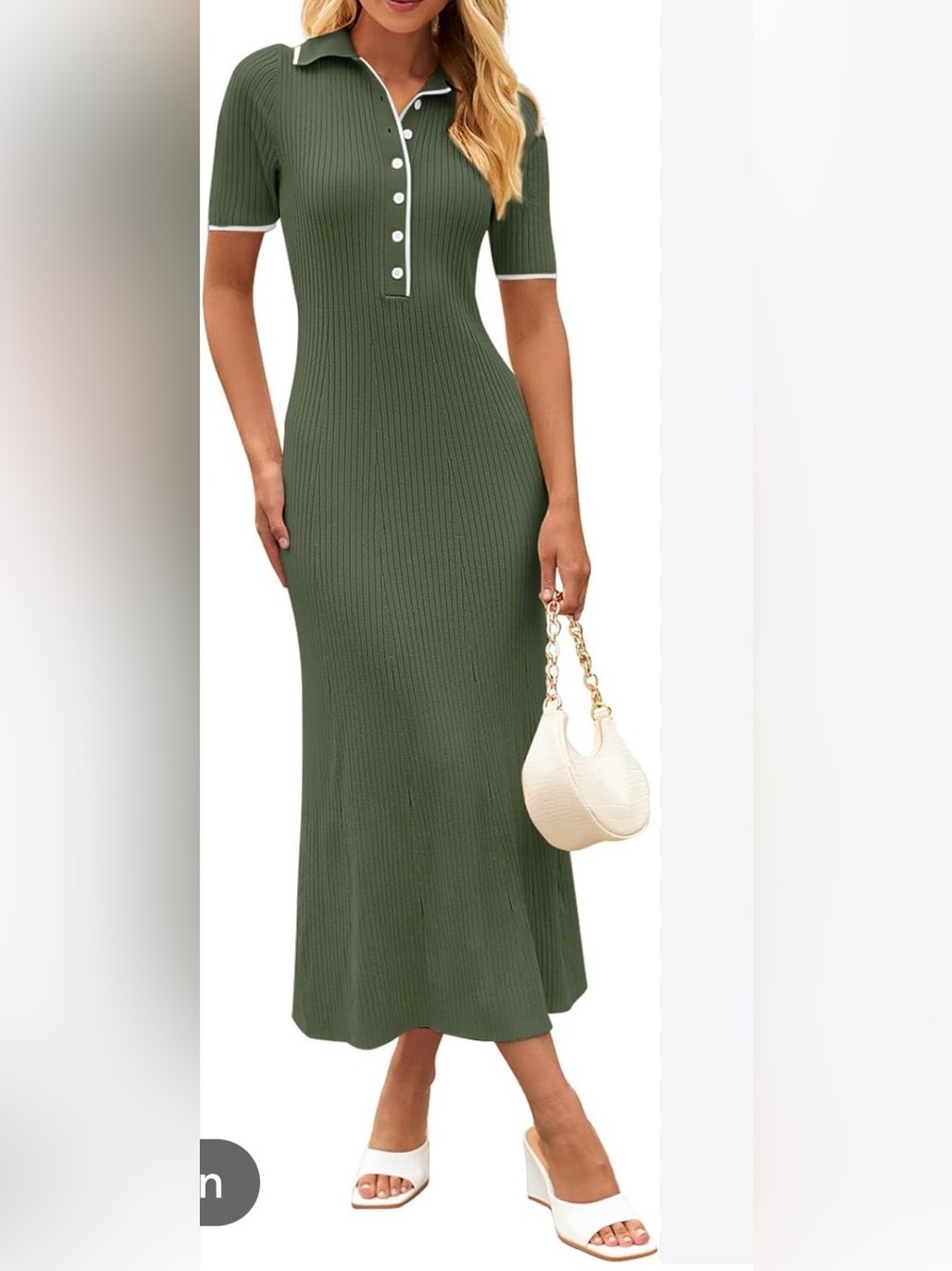 🆕NWT Meroketty   Olive Green Ribbed Knit Polo Midi Dress – Size Medium
